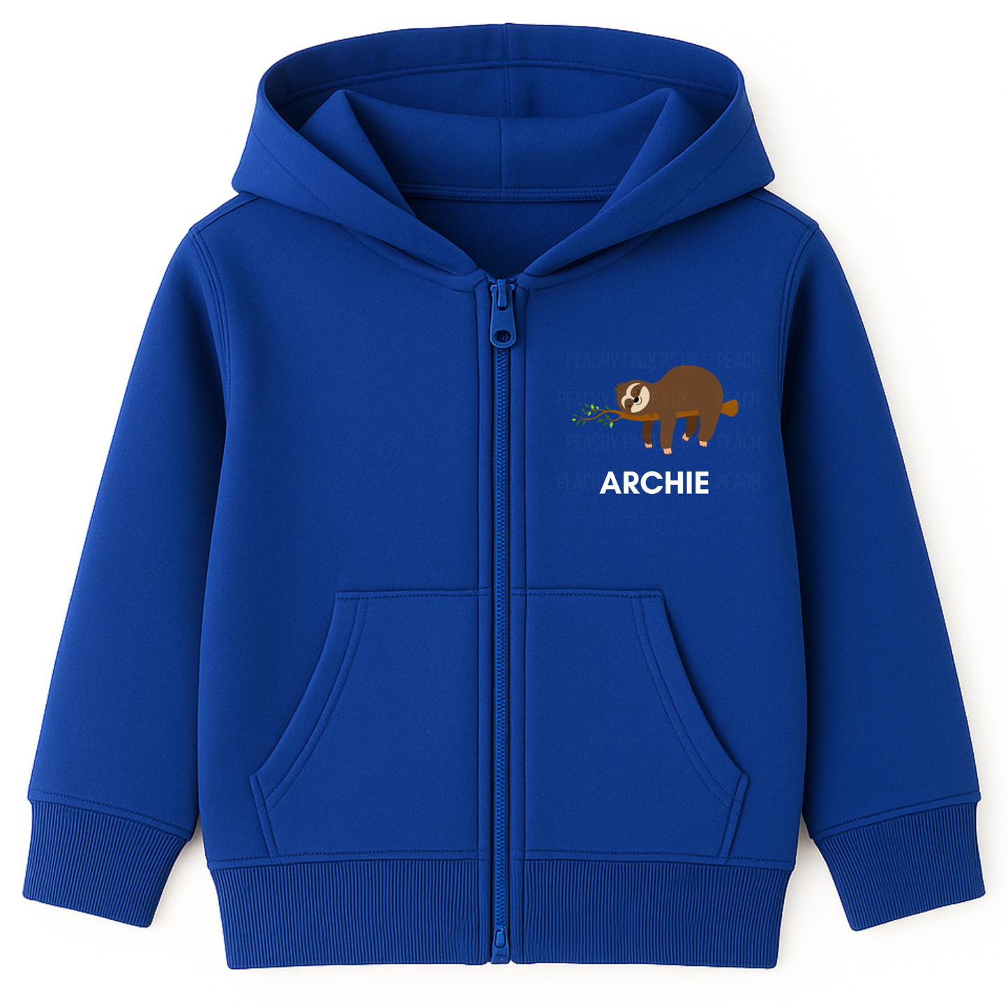 Royal blue kids zip-up hoodie featuring a cute brown sloth holding leaves with the custom name “Archie” printed underneath, displayed flat on a white background.