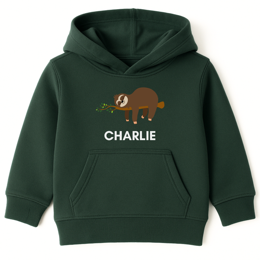 Dark green boys hoodie with custom name and sleeping sloth illustration