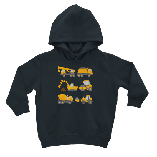Kids navy pullover hoodie with a colourful print of construction vehicles on the front.