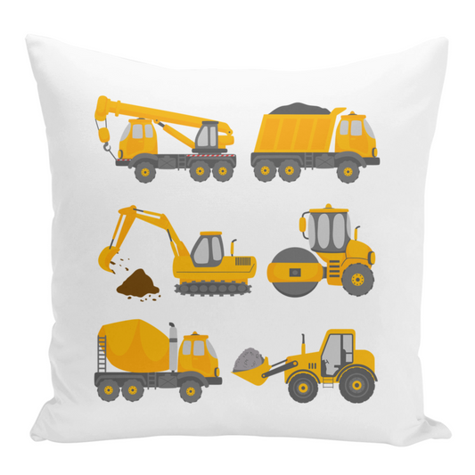 White square cushion featuring six different yellow and grey cartoon construction vehicles.
