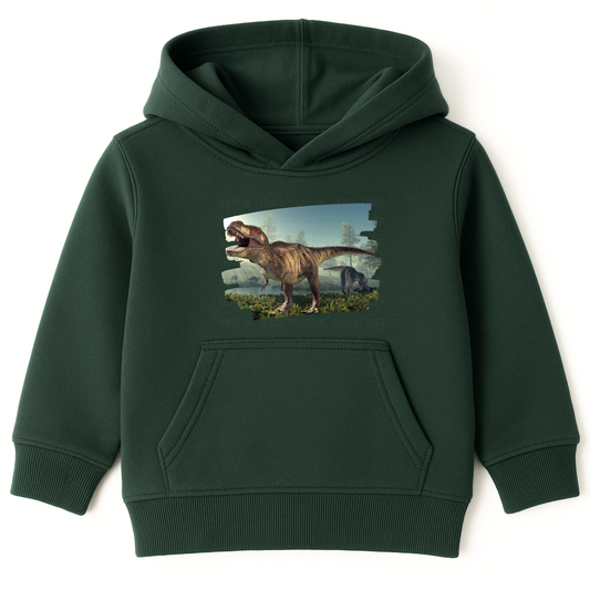 Children's dark green T-Rex dinosaur hoodie with realistic Jurassic graphic on the front