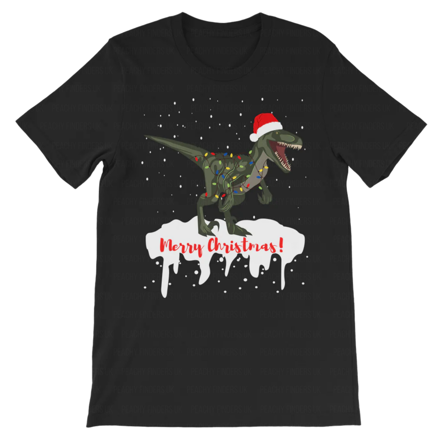 Black t-shirt with a dinosaur wearing a Santa hat and Christmas lights, and 'Merry Christmas!' text on a white background.
