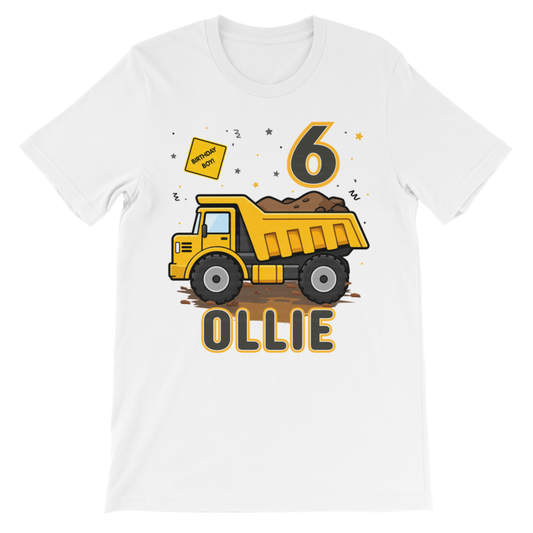 Boys personalised dump truck birthday t-shirt with name Ollie and number 6, white kids construction theme tee