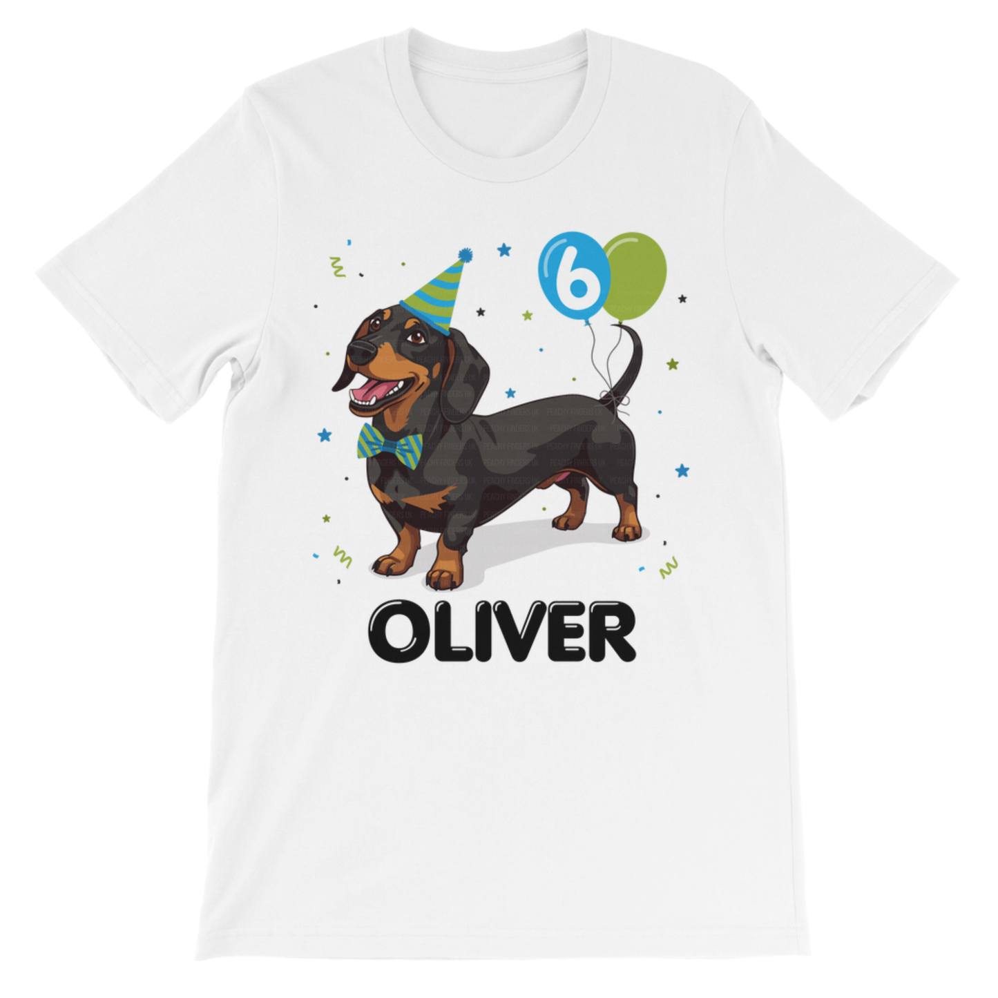 Kids white cotton t-shirt with a birthday themed dachshund graphic and custom name 'Oliver' printed underneath - flat lay product