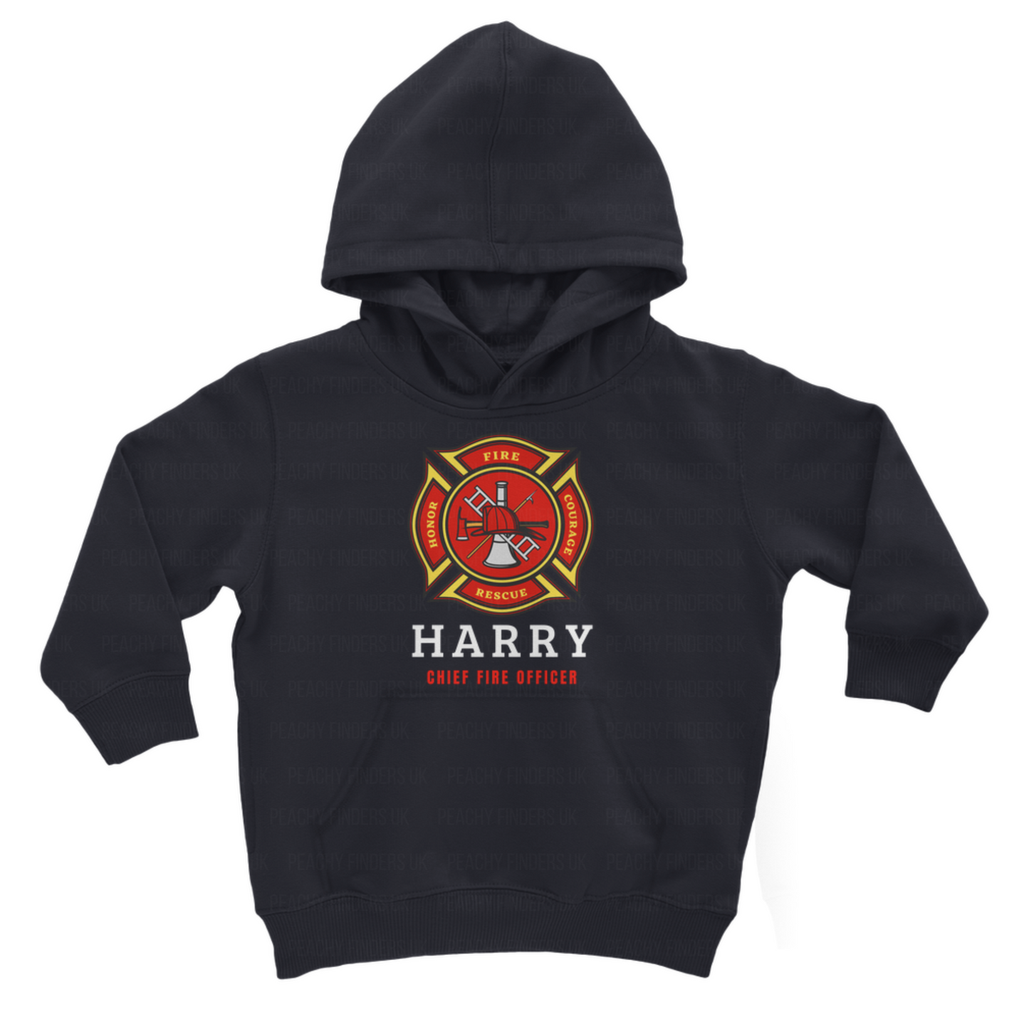 Kids navy pullover hoodie with custom name and fire and rescue emblem - little fire fight sweatshirt