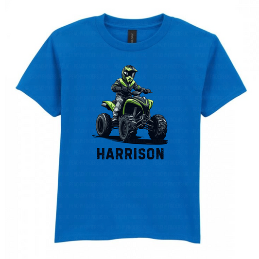 Blue t-shirt with a graphic of a person on an ATV and the name 'HARRISON' on a white background