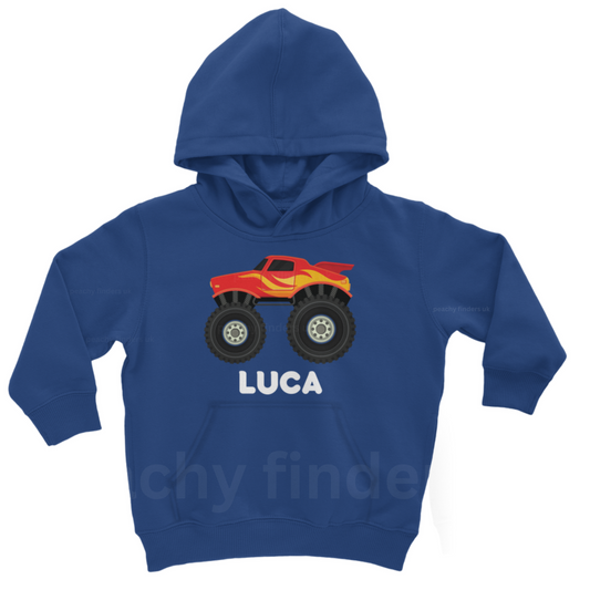 Kids personalised Royal Blue pullover hoodie with printed red & yellow Monster Truck