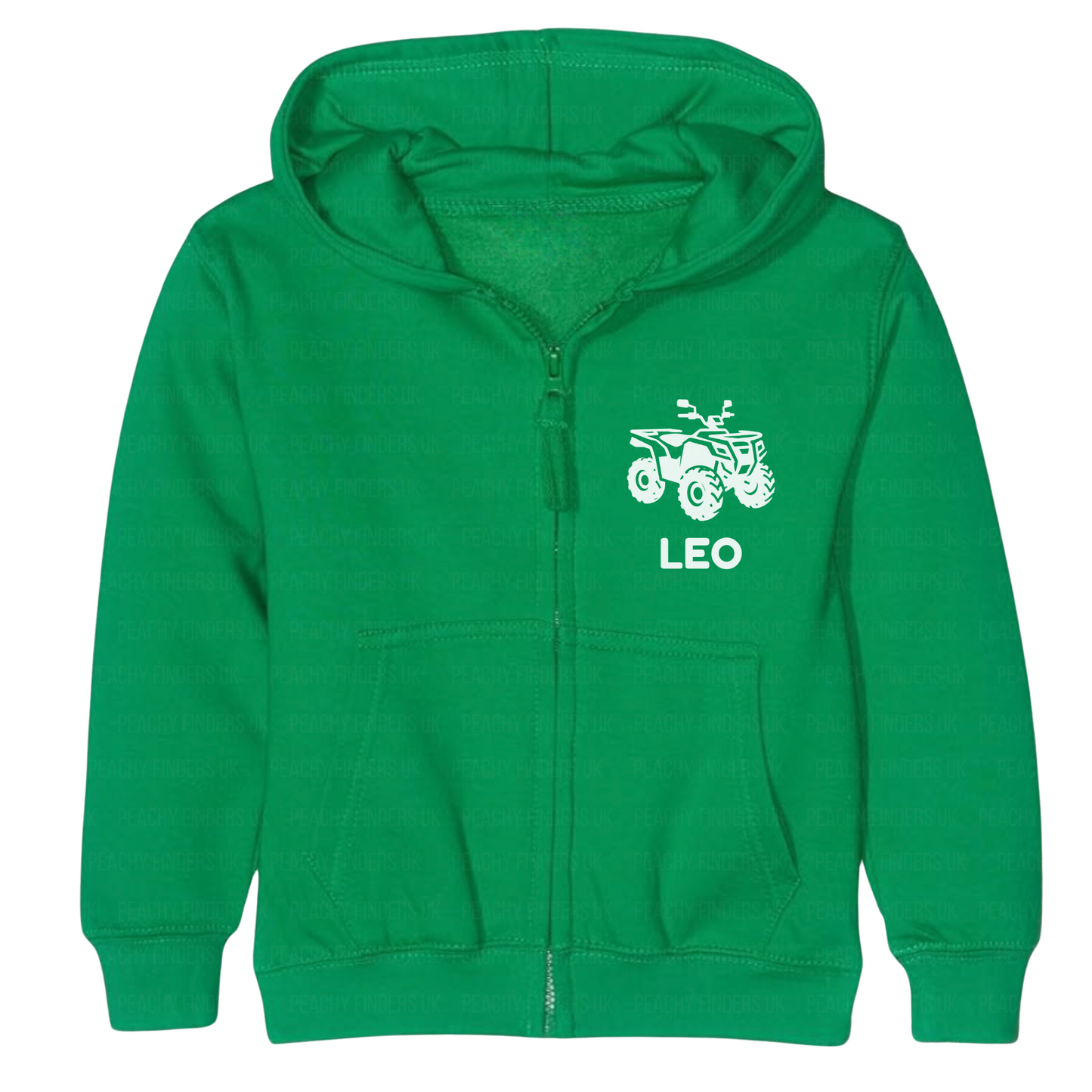 kids green hoodie with a white quad bike and custom name