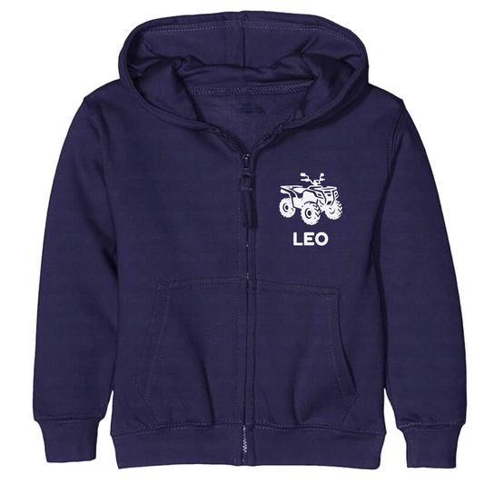 kids navy blue hoodie with a white quad bike and custom name
