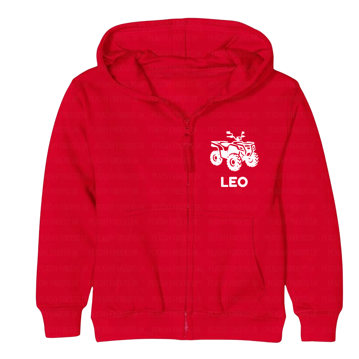 kids red hoodie with a white quad bike and custom name