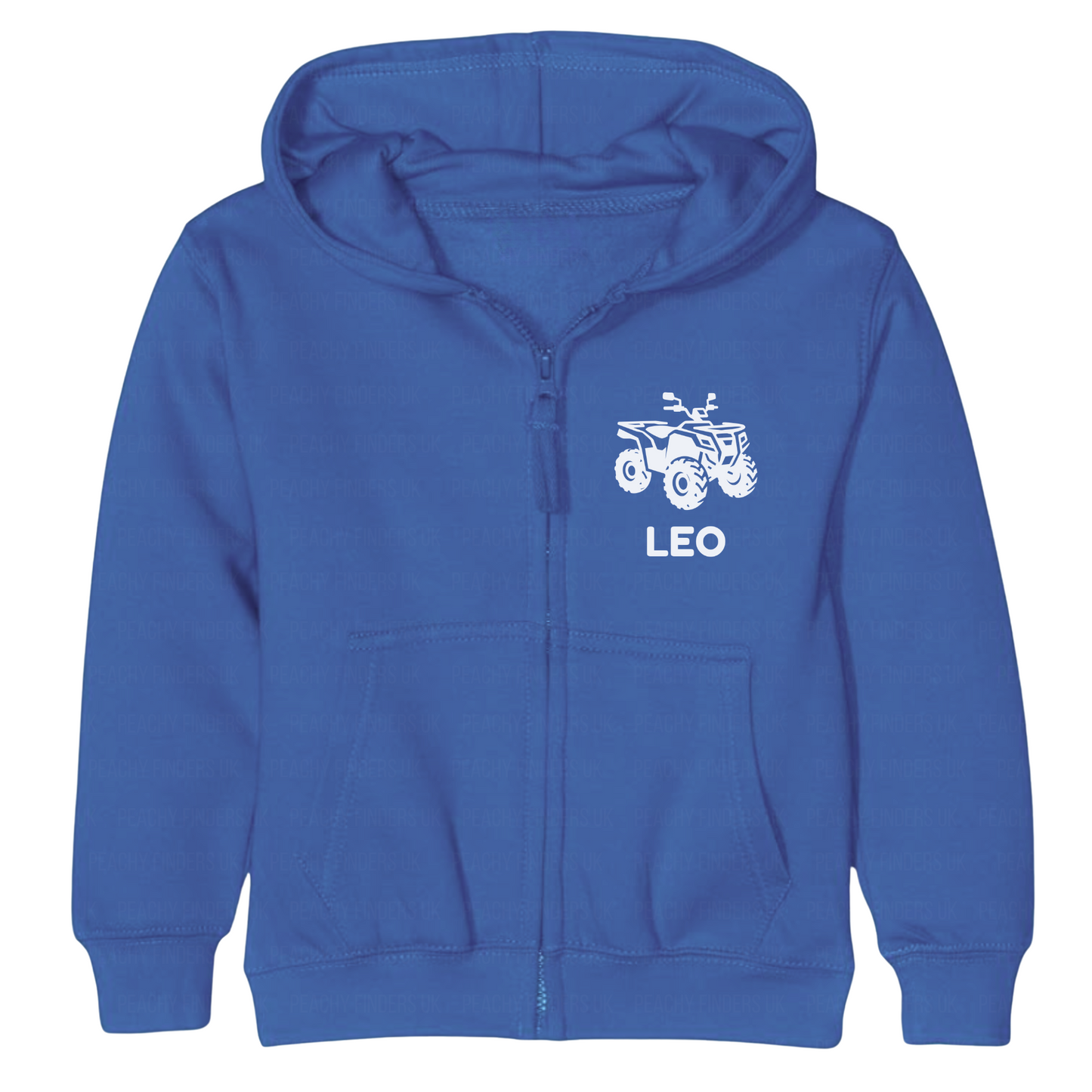 kids royal blue hoodie with a white quad bike and custom name