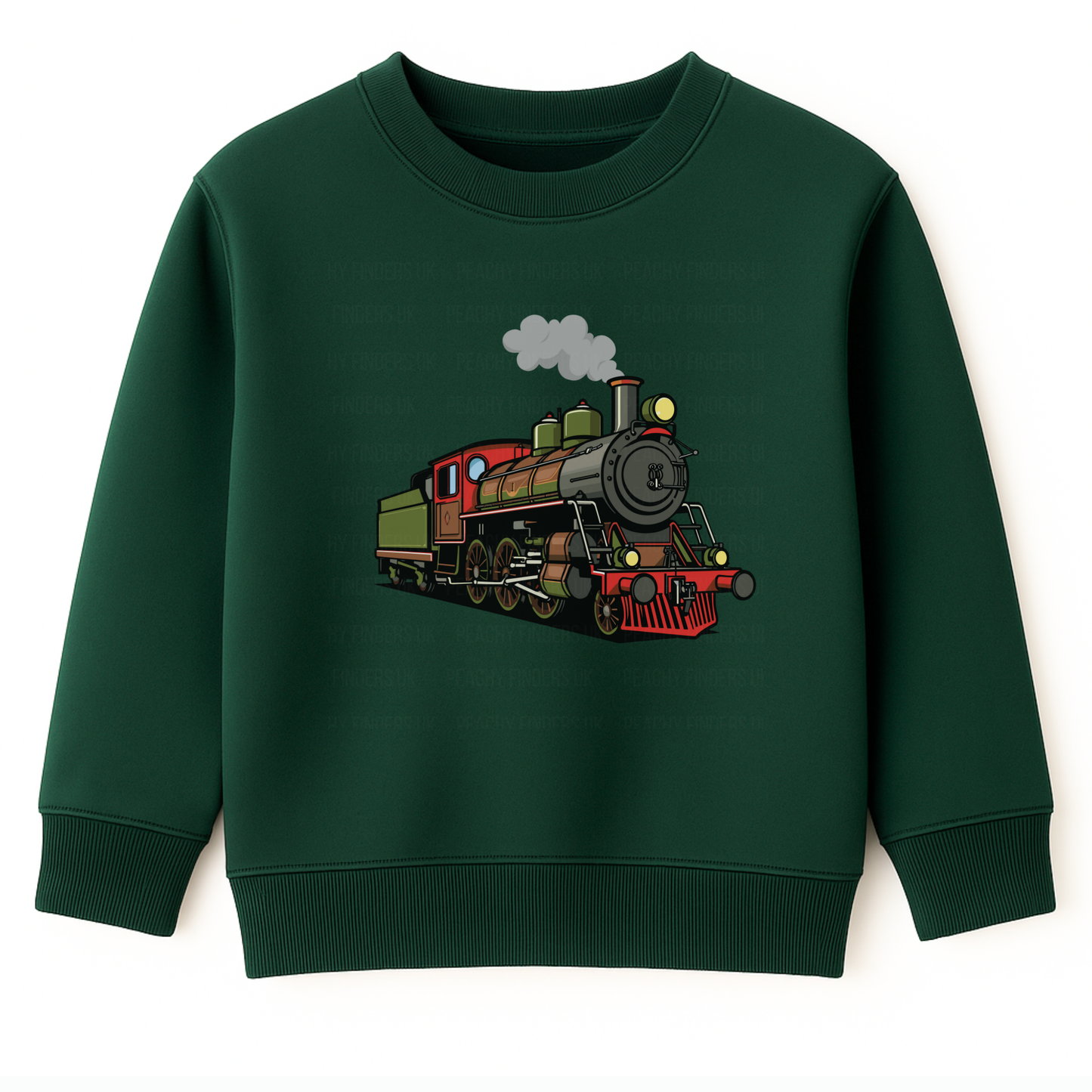 Boys dark green sweatshirt with colourful vintage steam train graphic on the front