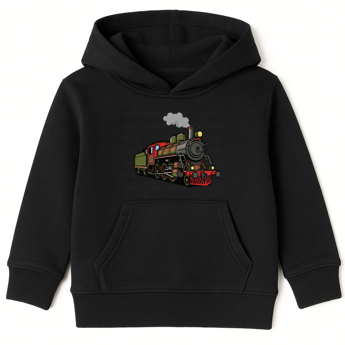 Boys black pullover hoodie featuring a colourful vintage steam train graphic on the front.