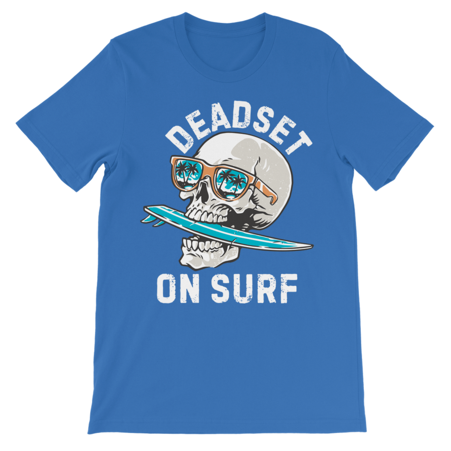 A royal blue short-sleeve t-shirt with a graphic print of a skull wearing sunglasses and holding a surfboard, with the text 'DEADSET ON SURF' in white distressed lettering.