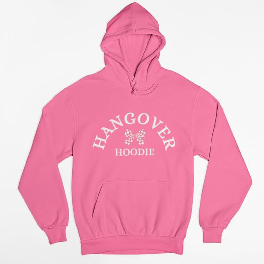 Pink women’s hoodie laid flat on a white background with the text “Hangover Hoodie” and a small bow graphic printed on the front.