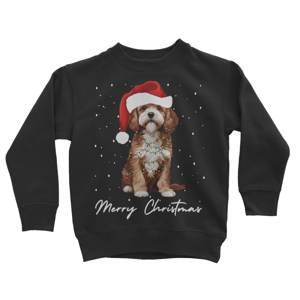 Kids black sweatshirt featuring a Cavapoo dog wearing a Santa hat and fairy lights, and the text 'Merry Christmas'.