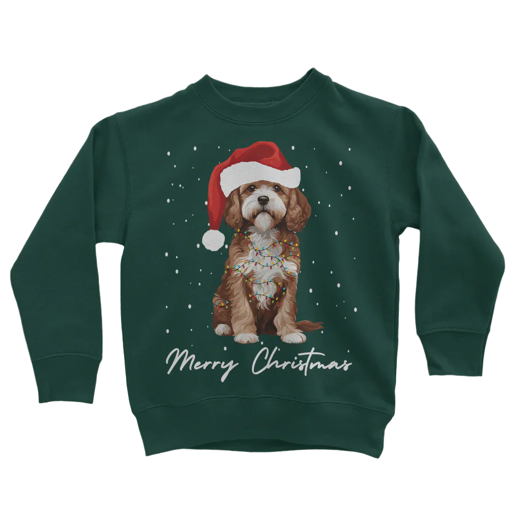 Kids dark green sweatshirt featuring a Cavapoo dog wearing a Santa hat and fairy lights, and the text 'Merry Christmas'.