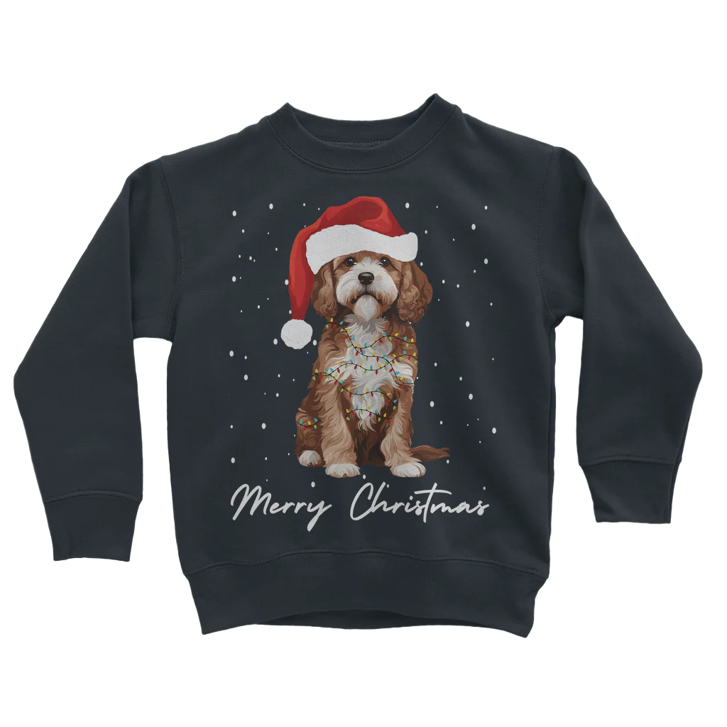 Kids navy sweatshirt featuring a Cavapoo dog wearing a Santa hat and fairy lights, and the text 'Merry Christmas'.