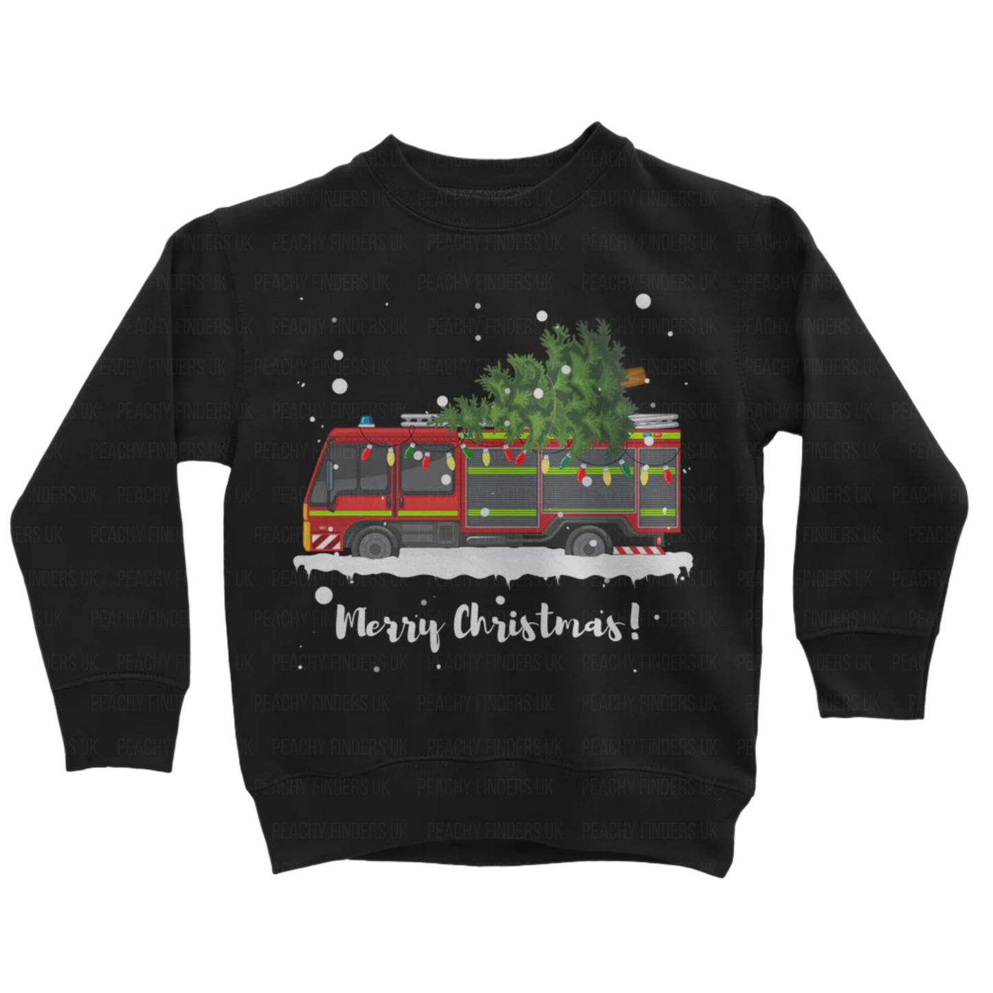 Children's black sweatshirt with a graphic of a fire engine carrying a Christmas tree on the roof, with 'Merry Christmas!' text visible.