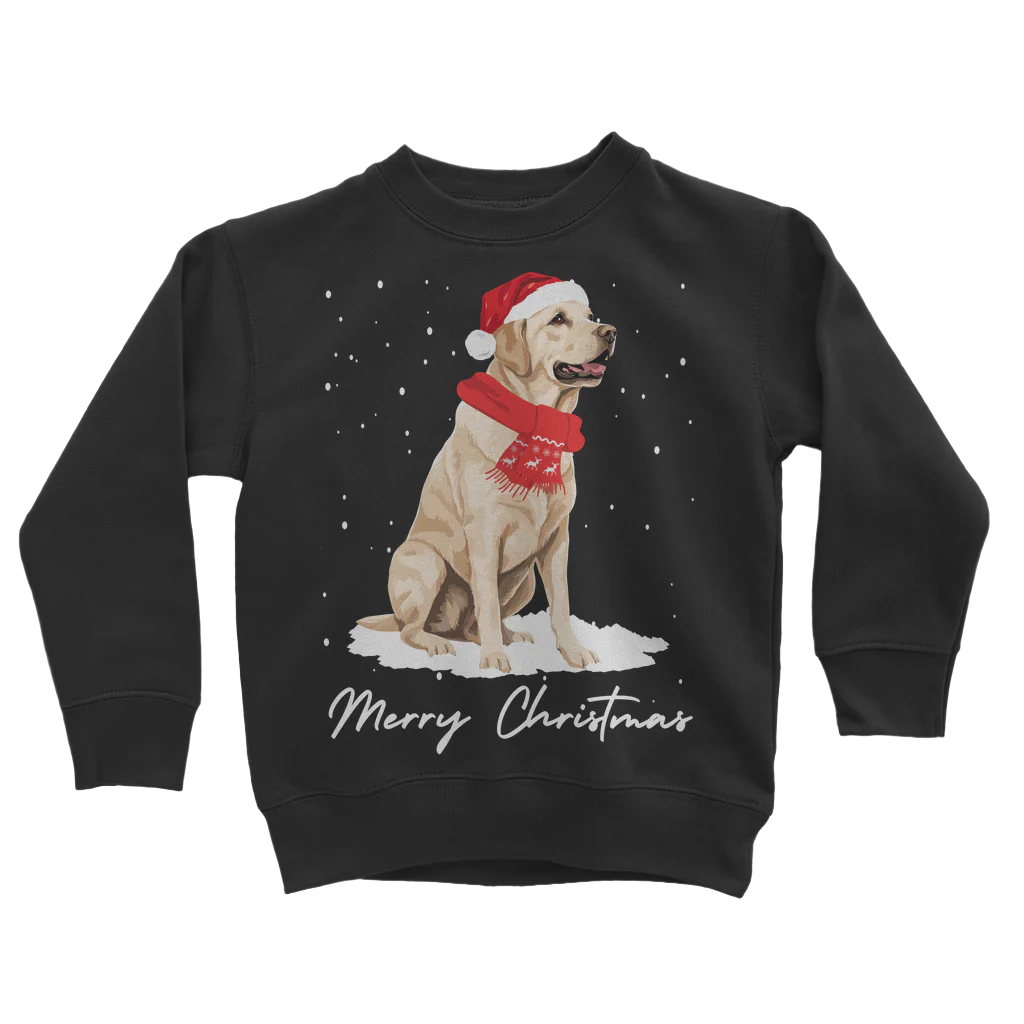 A kids black sweatshirt with a graphic of a golden Labrador wearing a Santa hat and a 'Merry Christmas' message.