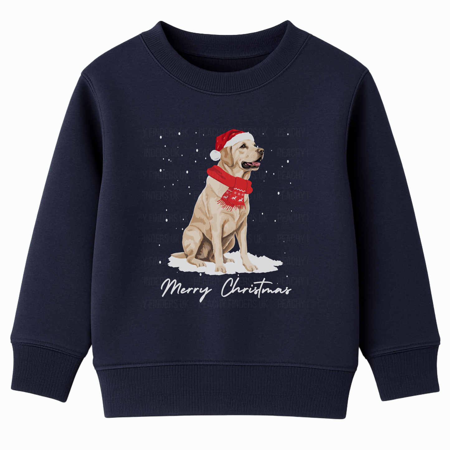 A kids navy sweatshirt with a graphic of a golden Labrador wearing a Santa hat and a 'Merry Christmas' message.