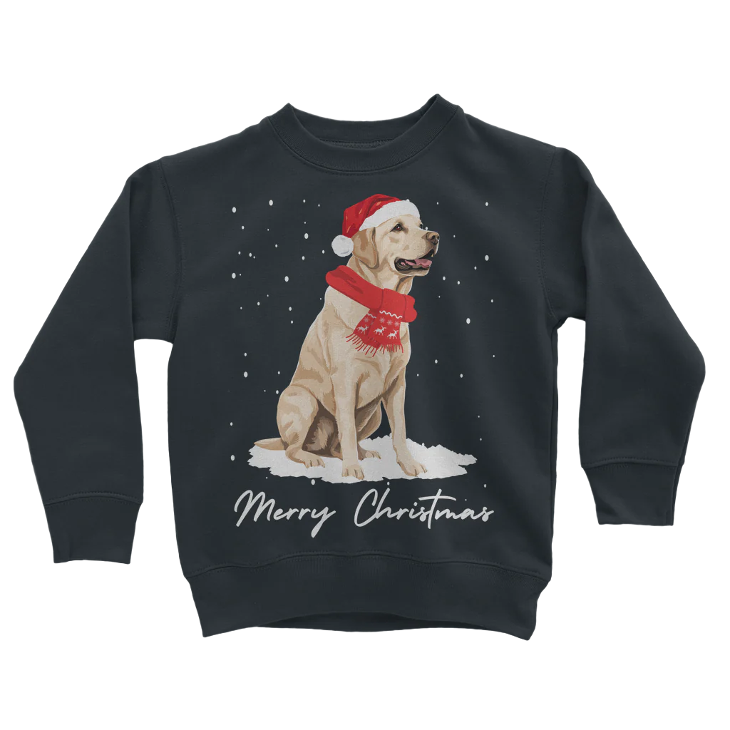 A kids navy sweatshirt with a graphic of a golden Labrador wearing a Santa hat and scarf sitting in the snow.