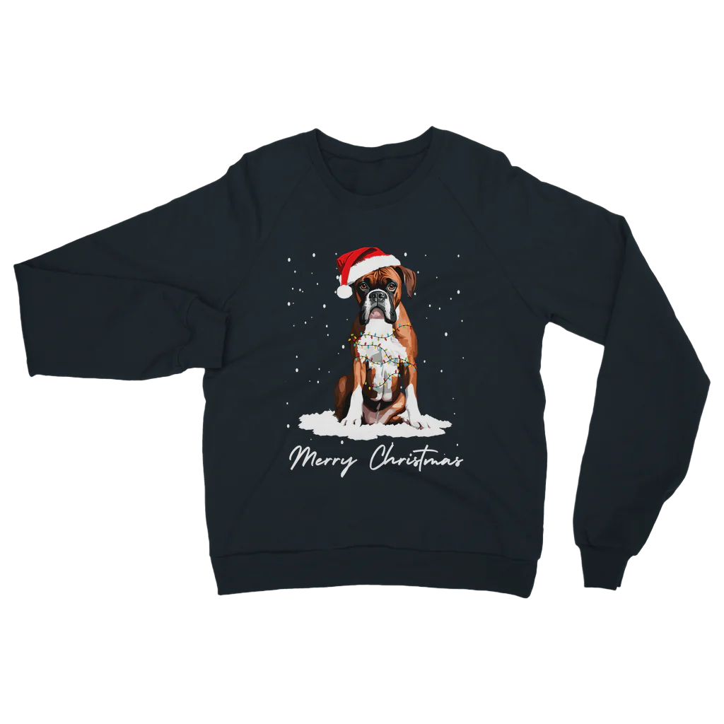 Navy adult sweatshirt featuring a festive boxer dog wearing a Santa hat, tangled in Christmas lights, sitting in snow with “Merry Christmas” text.