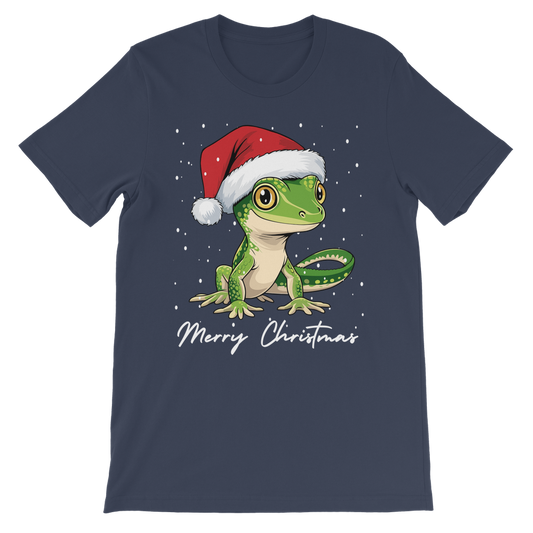 Kids navy Christmas t-shirt featuring a cute cartoon gecko wearing a Santa hat with snow and ‘Merry Christmas’ text