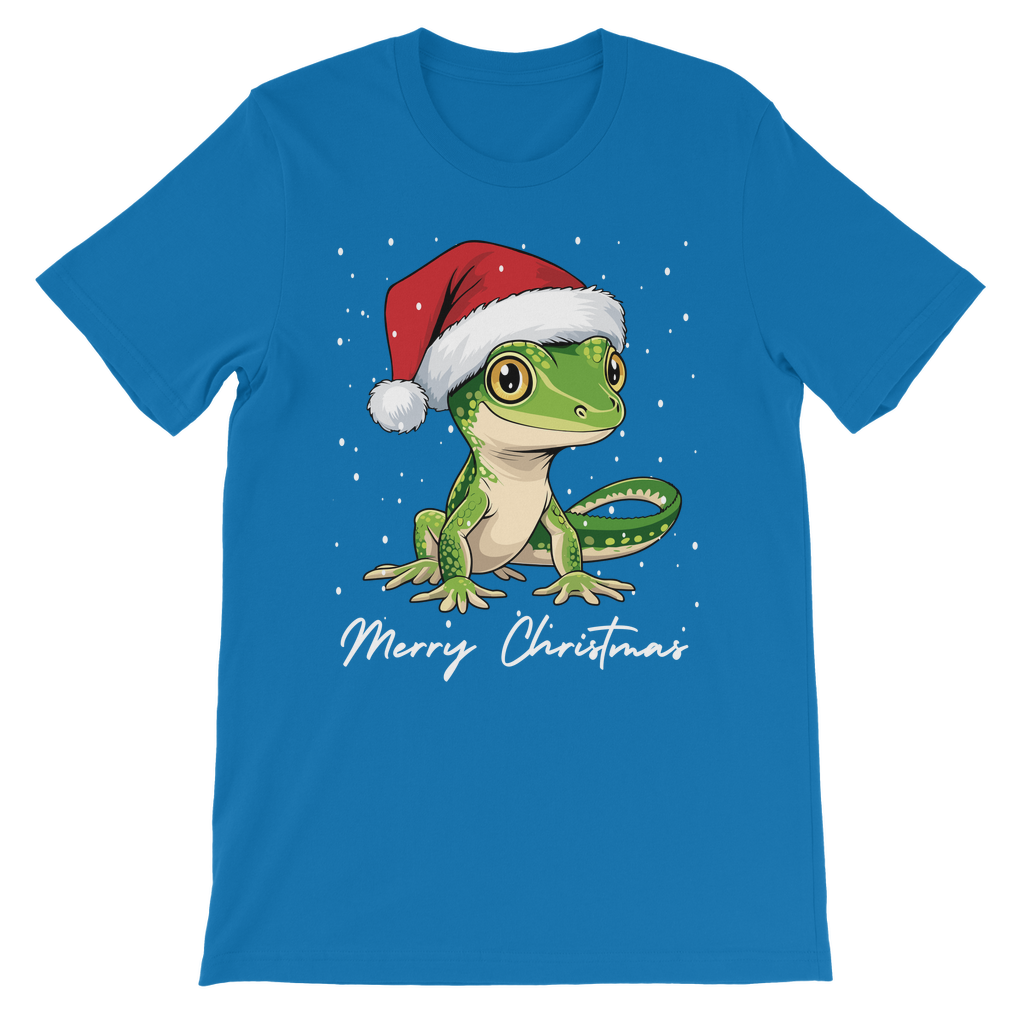 Kids royal blue Christmas t-shirt featuring a cute cartoon gecko wearing a Santa hat with snow and ‘Merry Christmas’ text