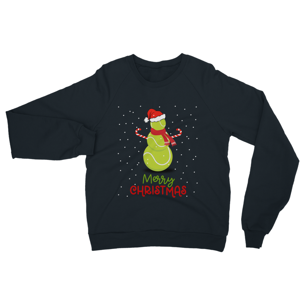 Navy Christmas sweatshirt featuring a festive tennis ball snowman with a Santa hat, candy cane arms, and snowflake background above “Merry Christmas” text.