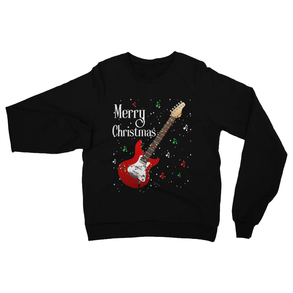 Adults black Christmas sweatshirt with a red guitar wrapped in fairy lights and musical notes design with 'Merry Christmas' text.