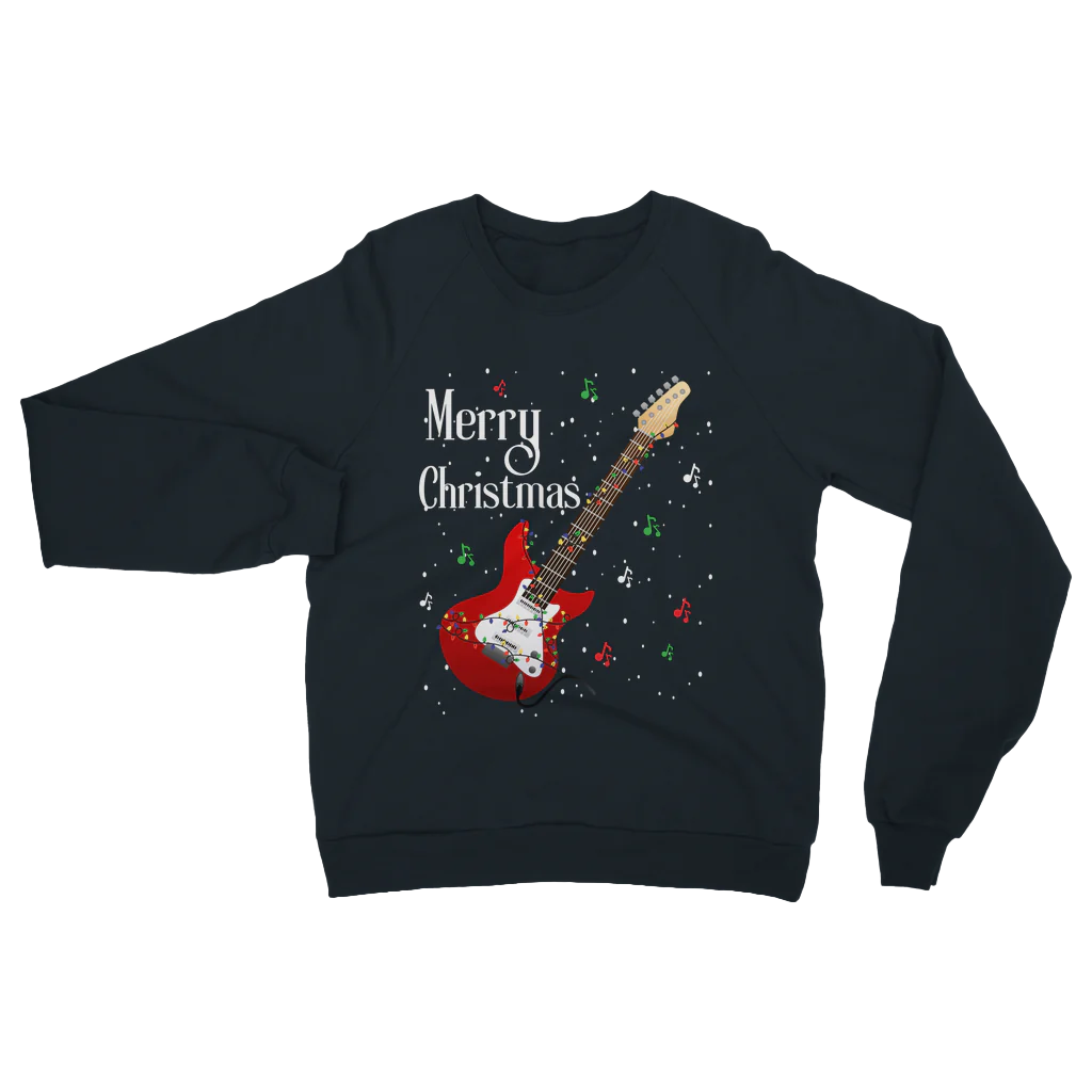 Adults navy Christmas sweatshirt with a red guitar wrapped in fairy lights and musical notes design with 'Merry Christmas' text.