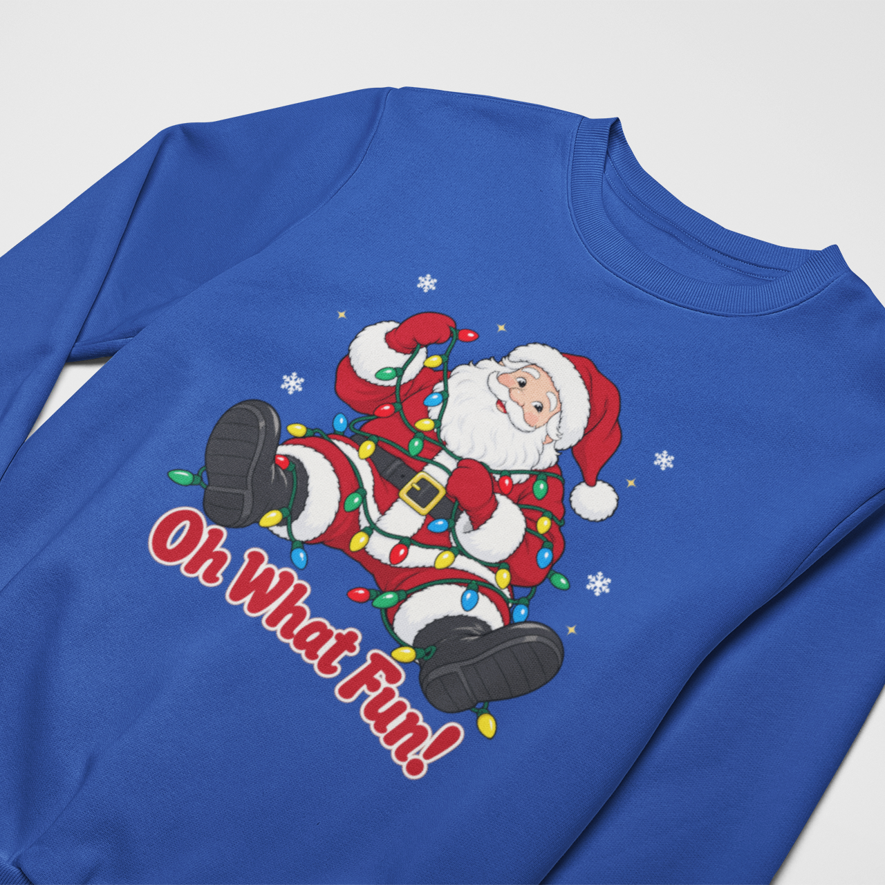 A royal blue crewneck sweatshirt featuring a festive graphic of Santa Claus sitting on Christmas lights with the text 'Oh What Fun!' printed below, shown on a light gray background.