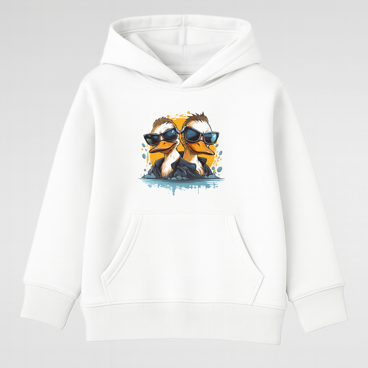 White kids hoodie with cool ducks wearing sunglasses graphic print on front, children’s pullover sweatshirt product image