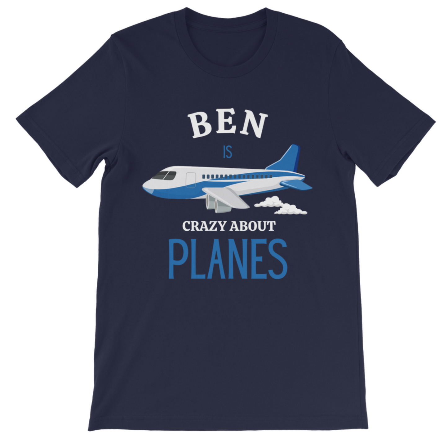 Kids personalised “Crazy About Planes” t-shirt in navy with blue airplane design