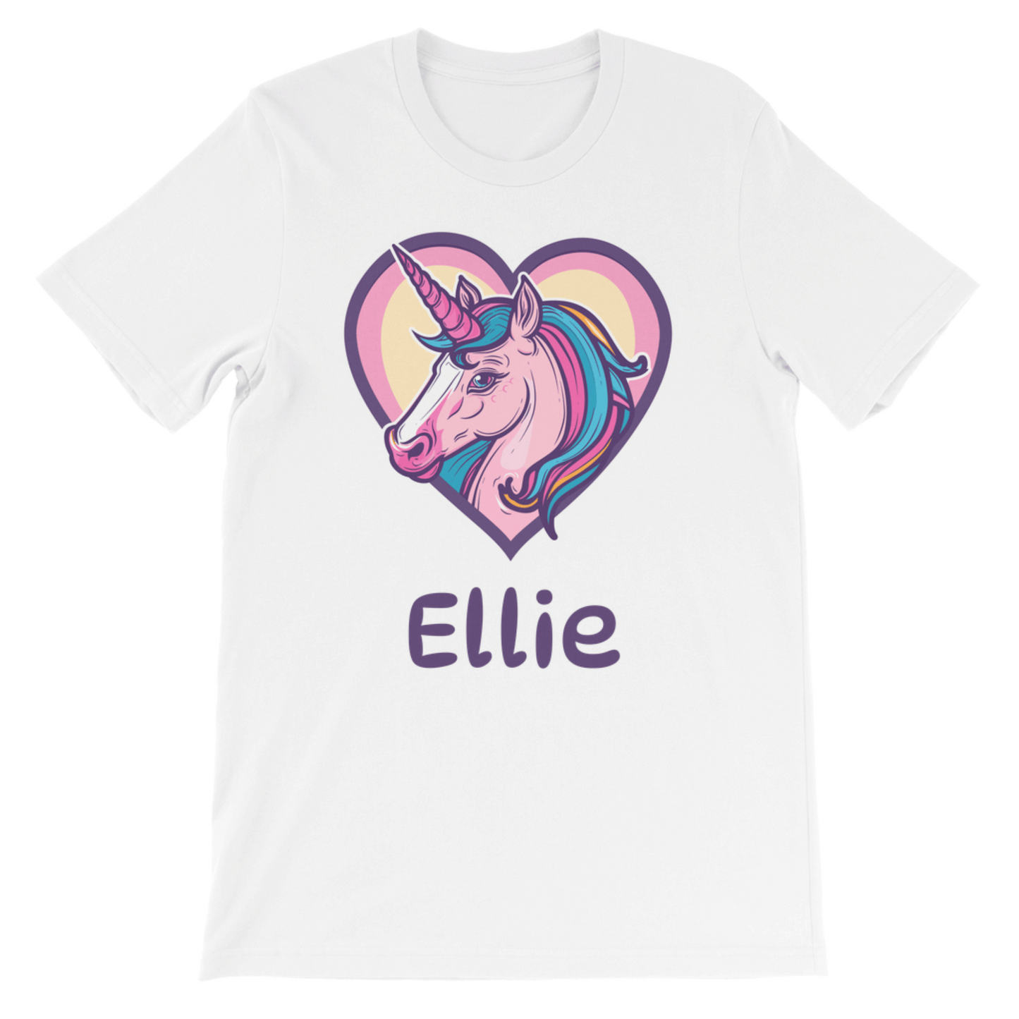 Girls personalised multi-coloured unicorn nestled in side a heart, printed with child's name underneath cotton tee.