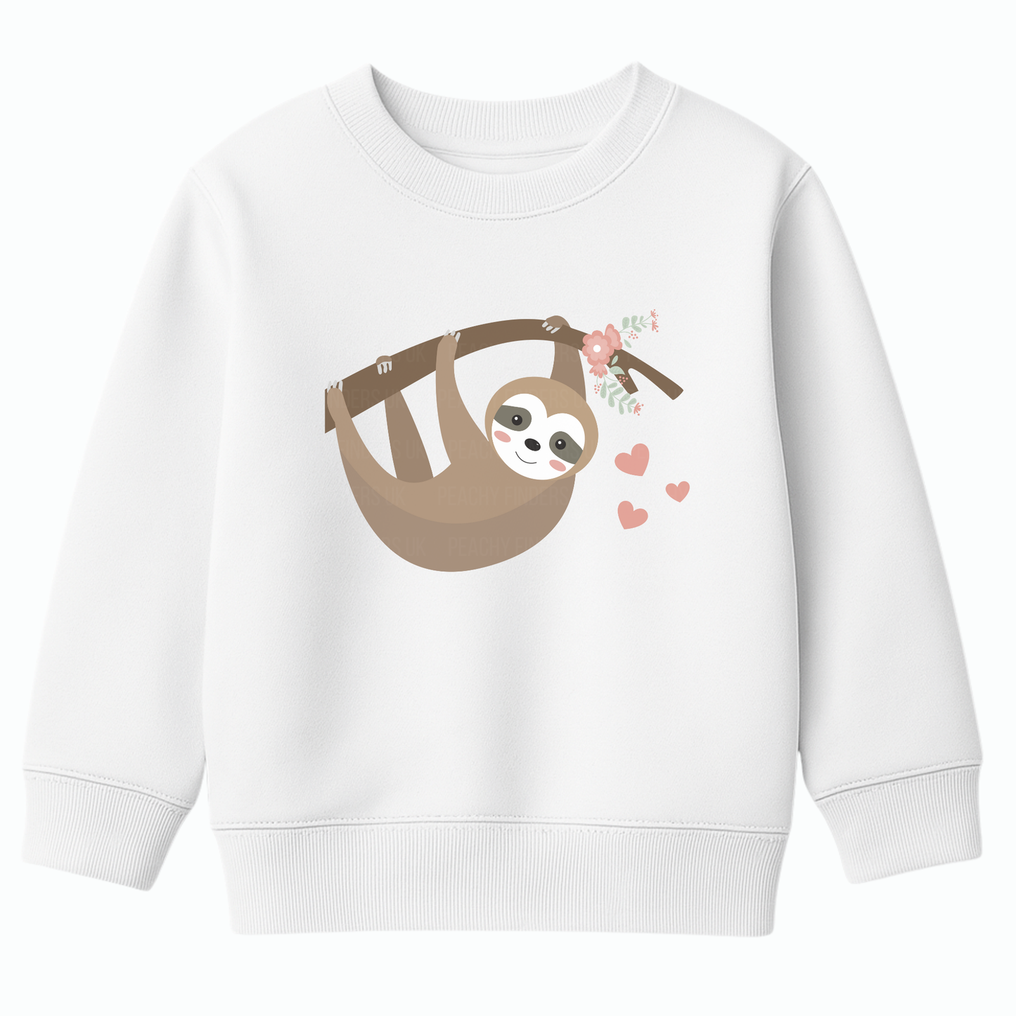 Girls white sweatshirt featuring an adorable sloth hanging from a flower-decorated branch with pink hearts, displayed flat on a white background.
