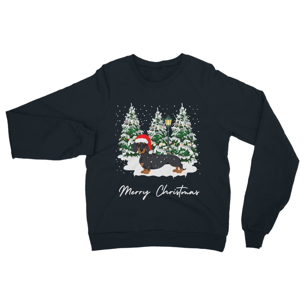 Adults navy Christmas sweatshirt featuring a festive dachshund in a Santa hat, standing in front of snowy Christmas trees with a lamp post.