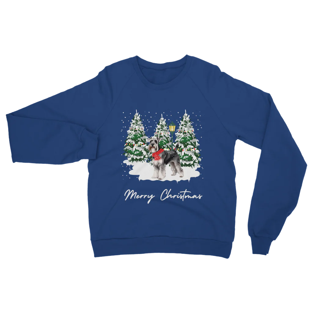 Adults royal blue Christmas sweatshirt with a Schnauzer wearing a festive red scarf, snow scene and Christmas trees design.