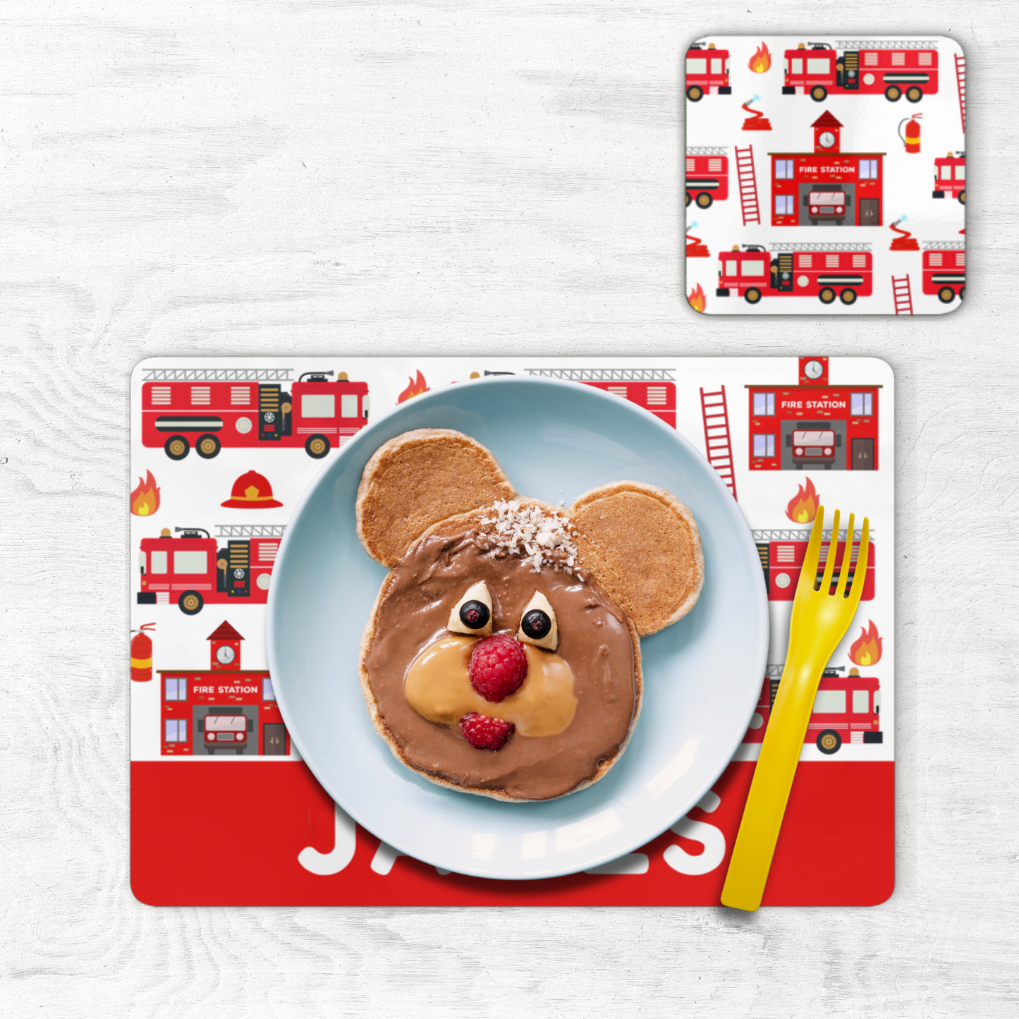 Kids Personalised Fire Engine Large Cork-Back Placemat and Coaster Set