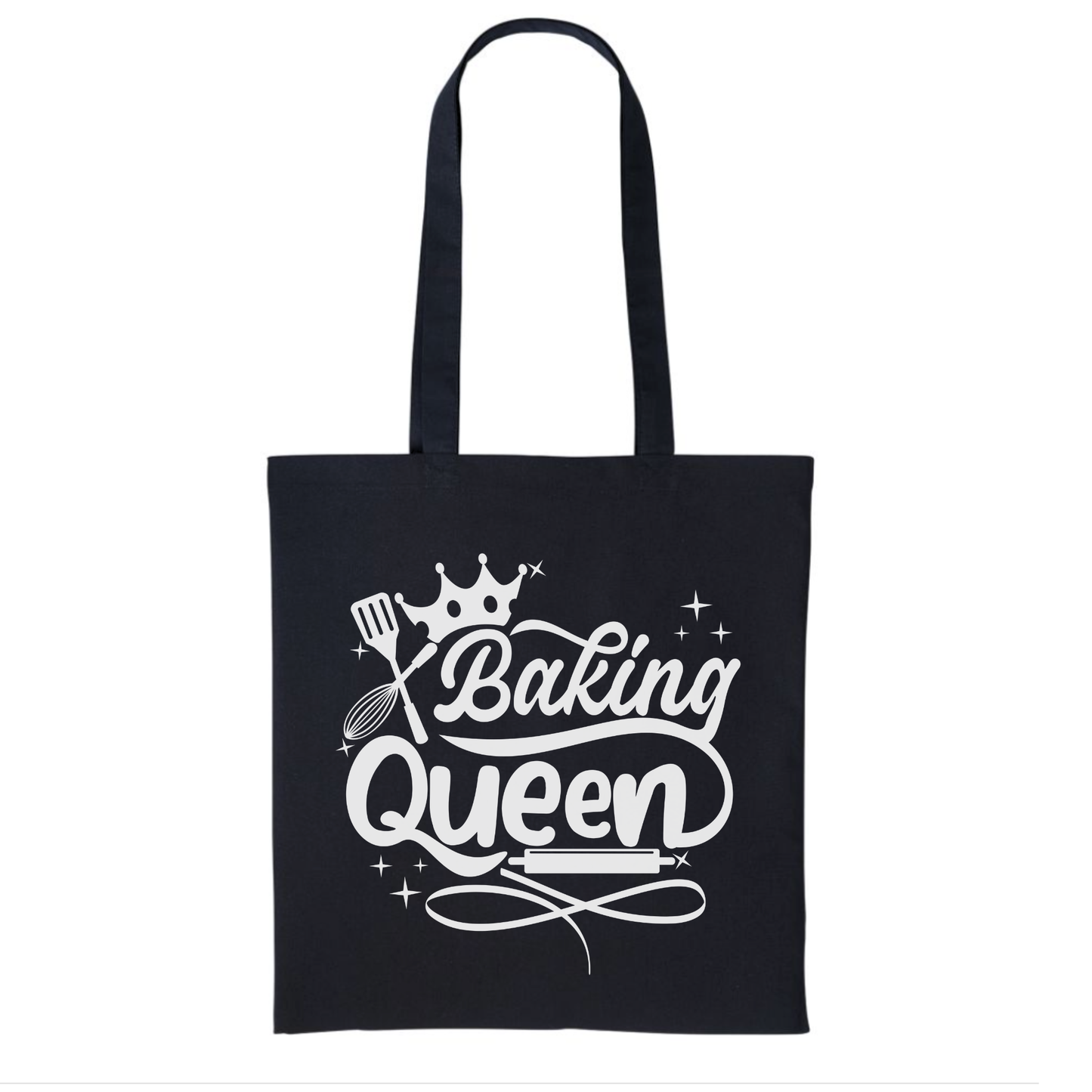 Baking Queen novelty cotton tote bag in black with crown and baking utensils design – reusable baking tote bag gift for bakers