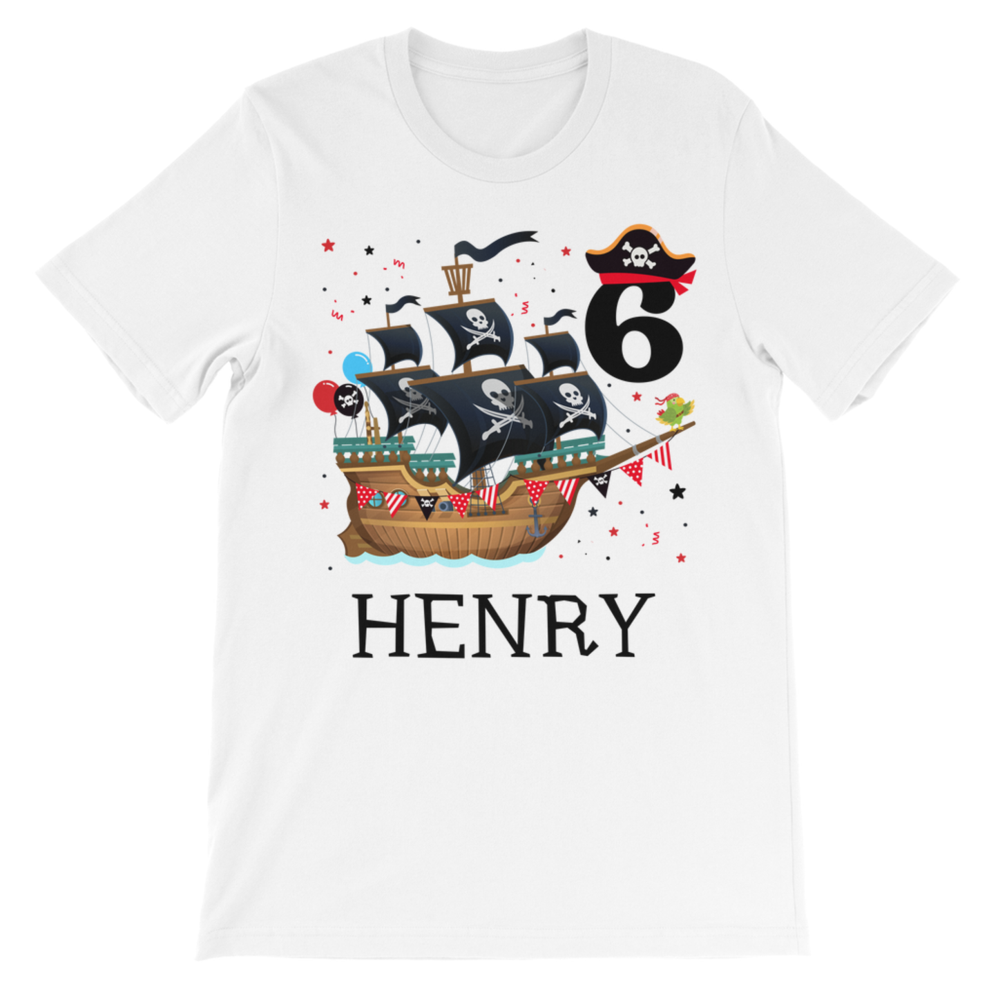 Flat lay close up of personalised pirate birthday t-shirt printed with number 6 and name option, white cotton kids tee.