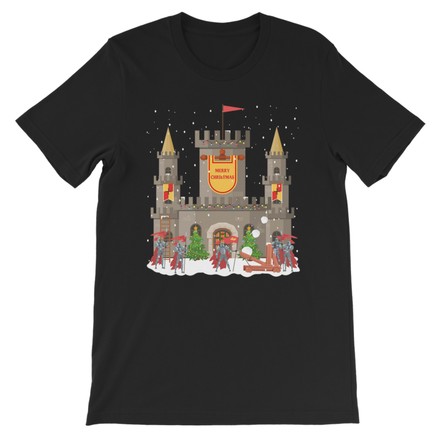 Kids black Christmas castle t-shirt with knights graphic shown flat on a white background