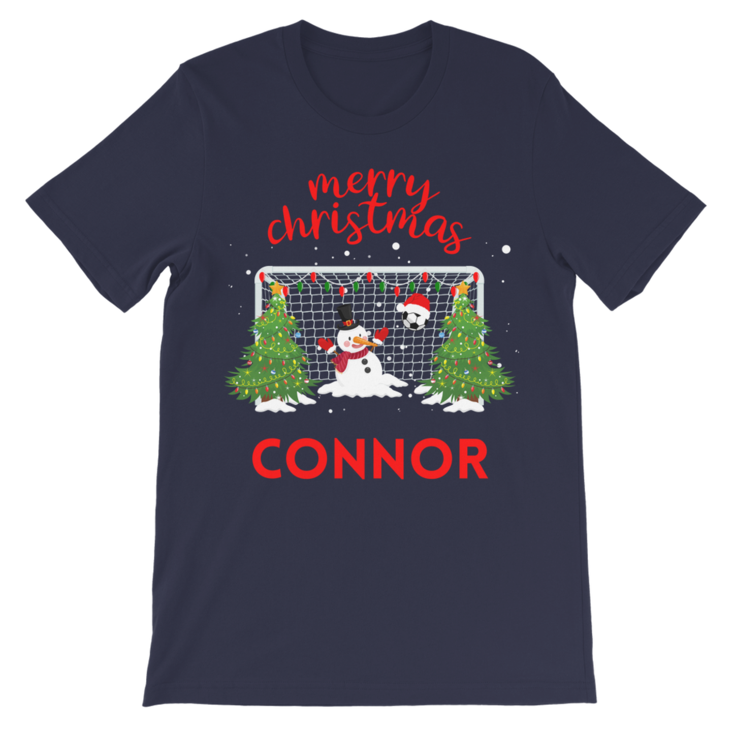 Flat lay navy personalised snowman goalie Christmas T-shirt for children.