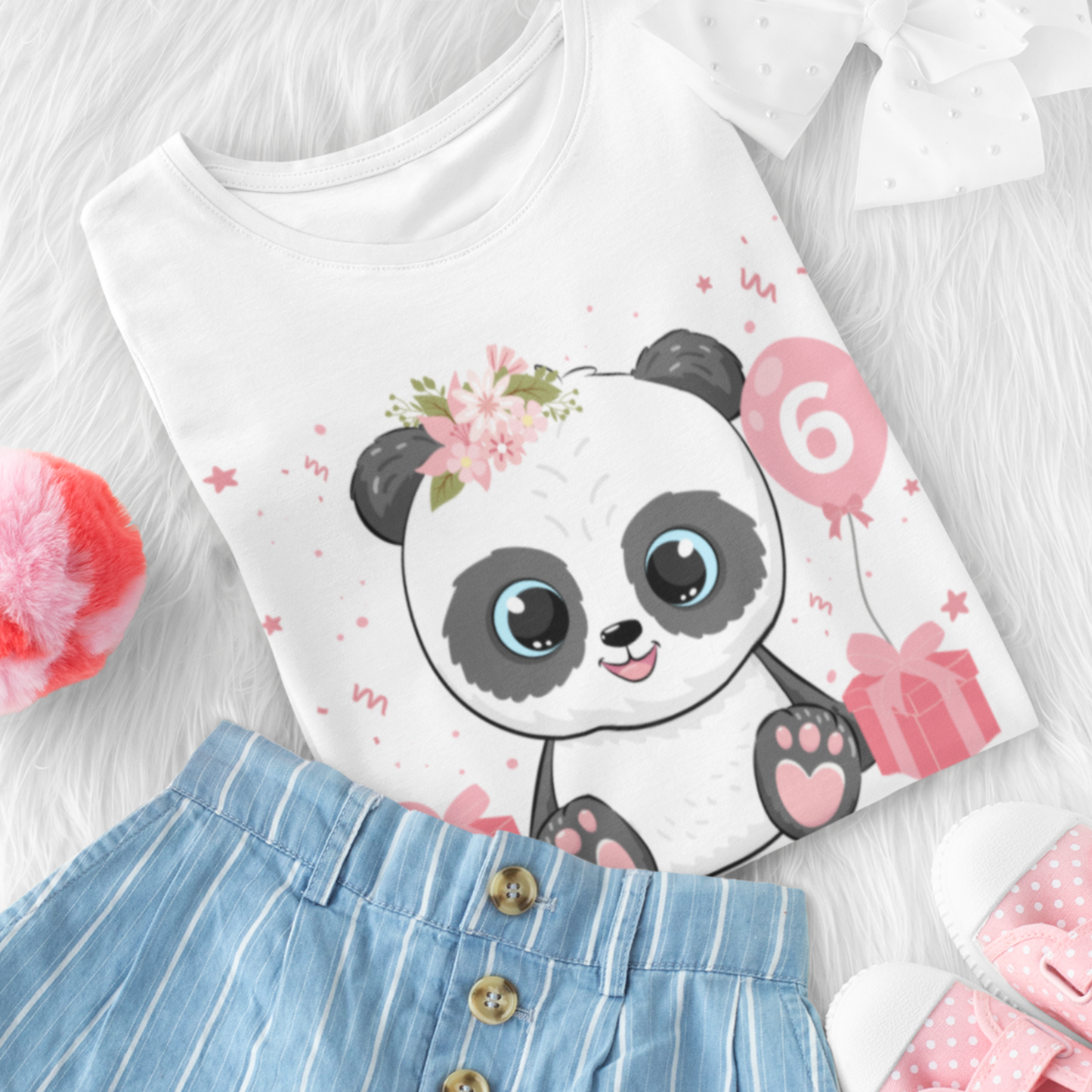 Personalised floral panda 6th birthday girls white t-shirt flat lay with blue striped shorts, pink sandals and white hair bow, cute panda birthday outfit