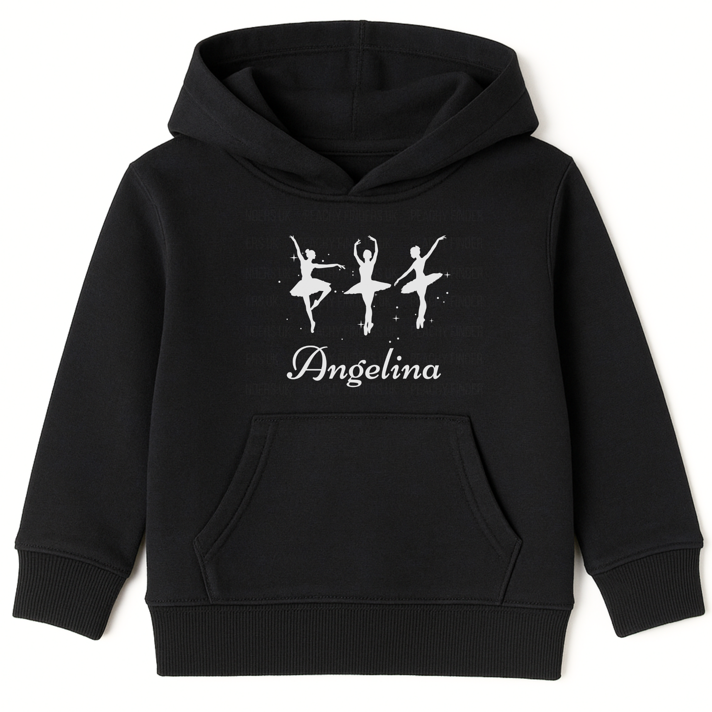 Girls black pullover hoodie featuring three elegant ballerina silhouettes printed on the front, with a custom-name underneath