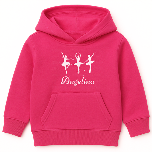 Girls hot pink pullover hoodie featuring three elegant ballerina silhouettes printed on the front, with a custom-name underneath