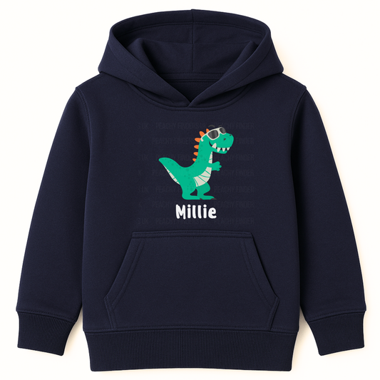 Navy girls personalised dinosaur hoodie with sunglasses dino design and custom name