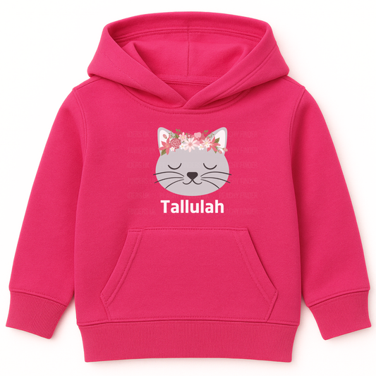 Girls hot pink personalised floral cat pullover hoodie with custom name printed below a peaceful grey cat face wearing a pink and white flower crown