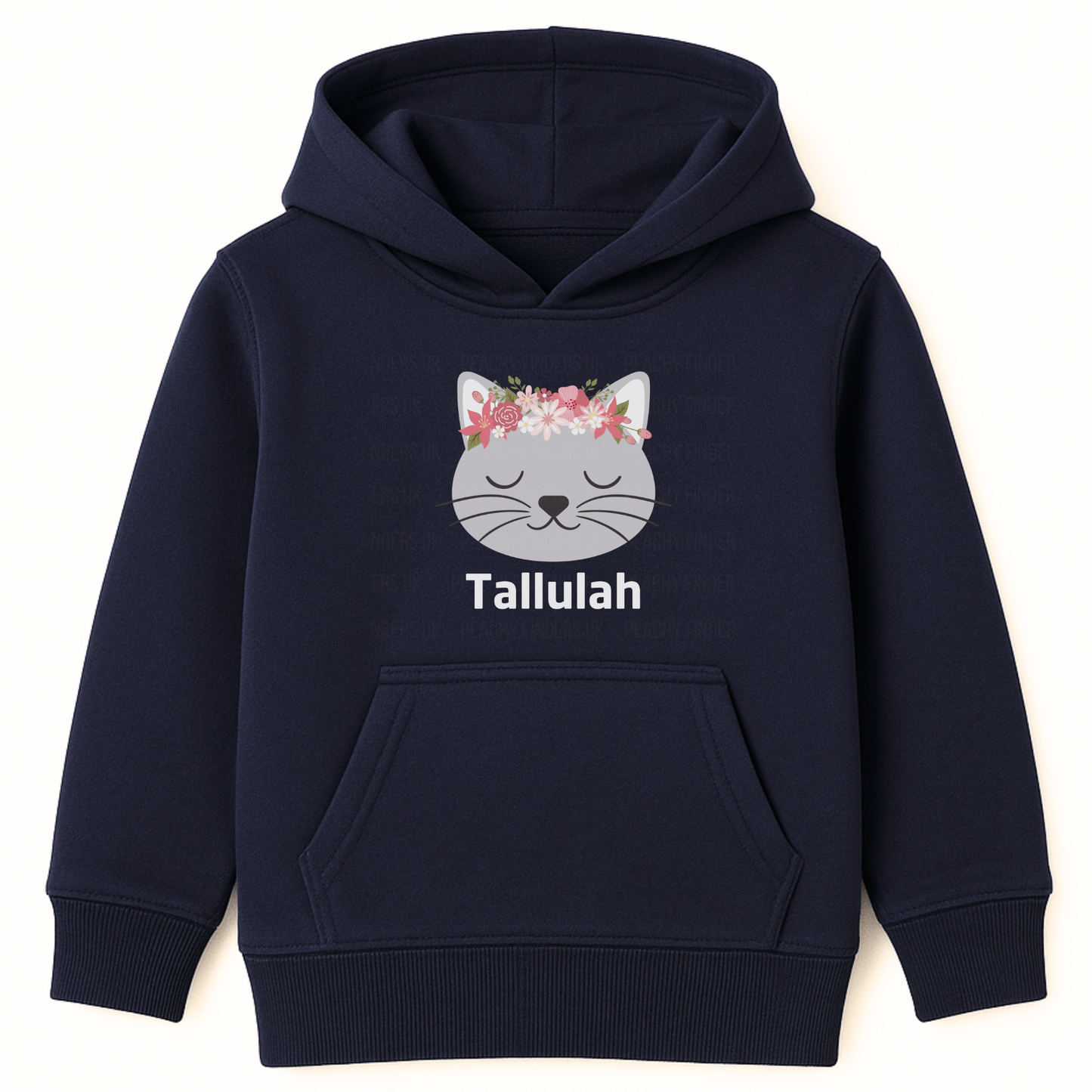 Girls navy personalised floral cat pullover hoodie with custom name printed below a peaceful grey cat face wearing a pink and white flower crown